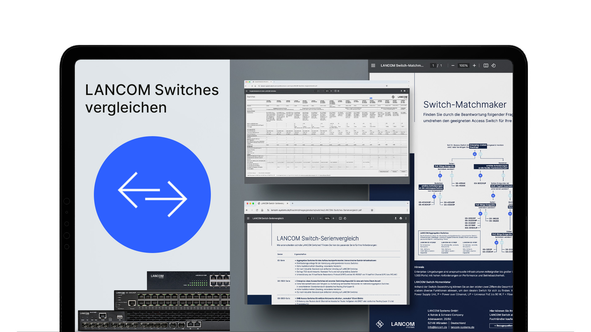 Angedeuteter Desktop mit rechts den Vergleichsdokumenten Switch-Serienvergleich, Switch-Matchmaker und Switch-Vergleichstabelle, links ist ein blauer Kreis mit zwei Pfeilen und die Produktbilder einiger Switches und dem Schriftzug "LANCOM Switches vergleichen"